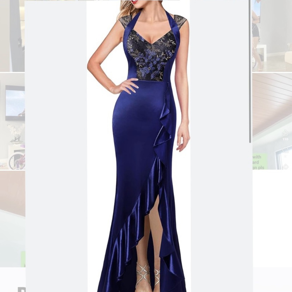 New Women XS VFSHOW formal evening gown with a dark blue satin finish,Ruffles